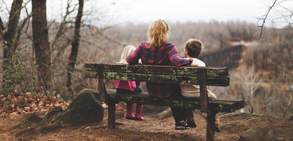 Three people sitting on a bench - mother and children